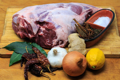 Close-up of meat with spices on cutting board