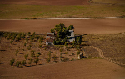 Aerial view of a country house in field in castilla la mancha, spain
