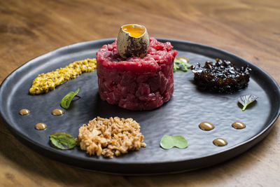 High angle view of breakfast served on table