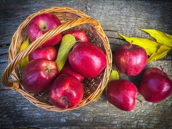 High angle view of apples in basket on table