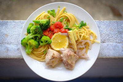 High angle view of meal served in plate on table