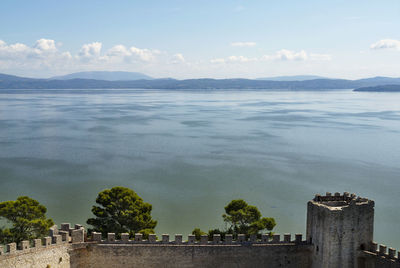 Scenic view of lake against cloudy sky