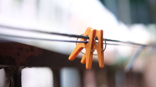 Close-up of clothespin hanging on clothesline