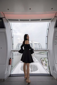 Portrait of woman standing in train