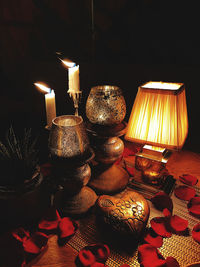 Close-up of illuminated lamp on table