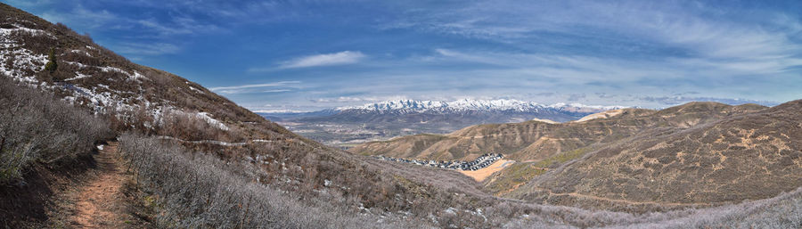 Panoramic view of snowcapped mountains against sky