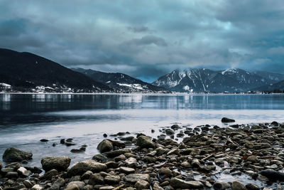 Scenic view of lake against storm clouds