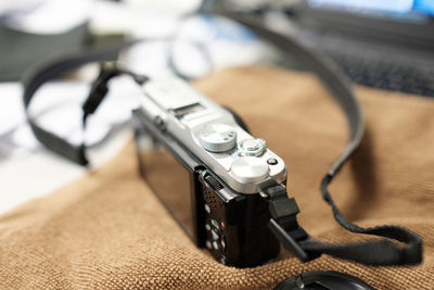 High angle view of camera on table