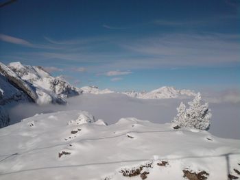 Scenic view of snow covered mountains against sky