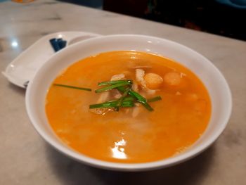 High angle view of soup in bowl