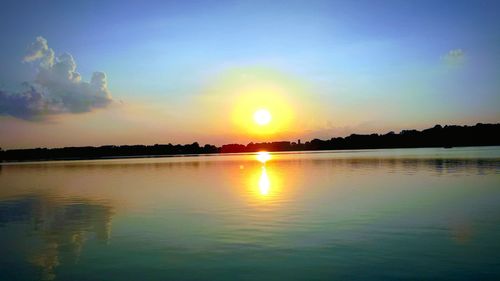 Scenic view of lake against sky during sunset