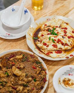 High angle view of breakfast served on table