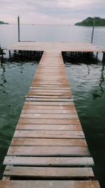 Wooden jetty on water against sky