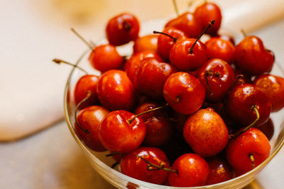 High angle view of red cherries in bowl