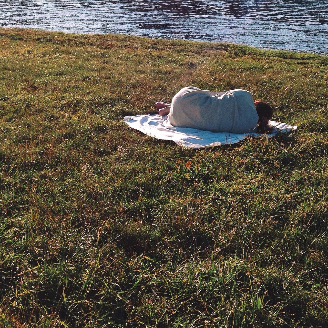 grass, water, high angle view, tranquility, nature, beach, shore, field, day, grassy, outdoors, tranquil scene, sand, beauty in nature, low section, sea, relaxation, sunlight, plant, no people