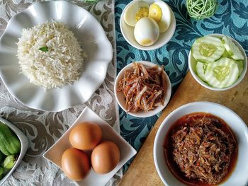 High angle view of breakfast on table