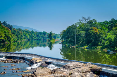 Scenic view of lake against clear blue sky