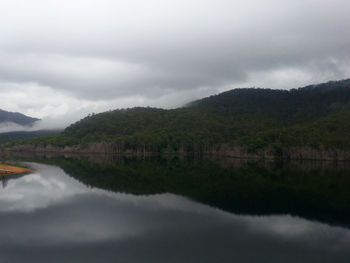 Scenic view of lake against cloudy sky