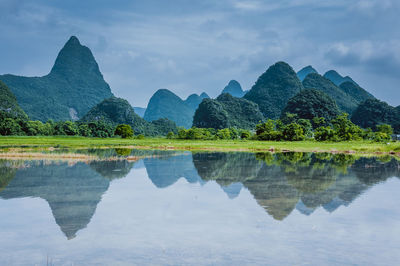 Reflection of mountain in lake against sky