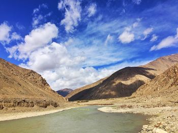 Scenic view of lake and mountains against sky
