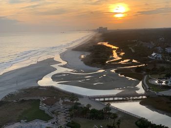 Aerial view of sea during sunset