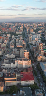 High angle view of buildings in city against sky