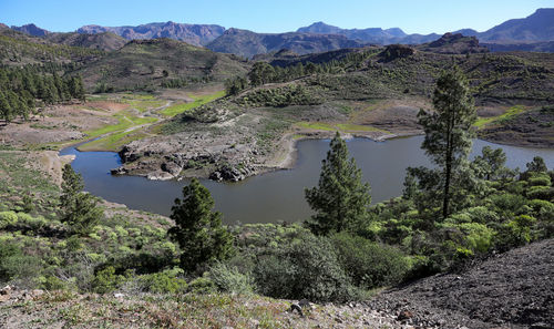 Scenic view of lake and trees against mountains