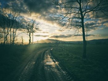 Road amidst bare trees on field against sky