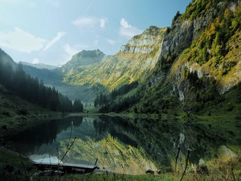 Scenic view of lake and mountains against sky