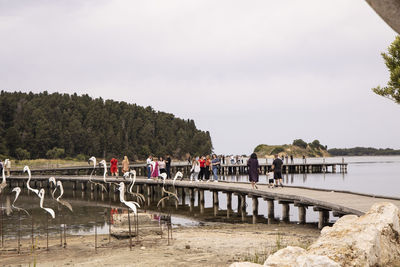 People by lake against sky