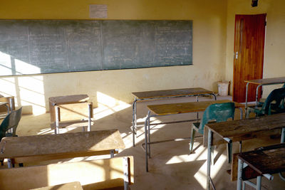 High angle view of empty benches in classroom