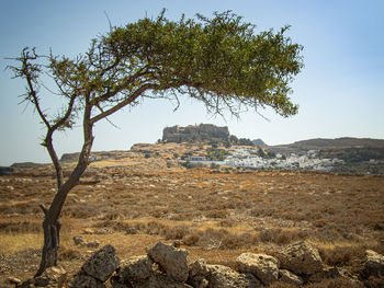 Scenic view of the little village of lindoss against clear sky