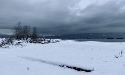 Scenic view of snow covered field against sky