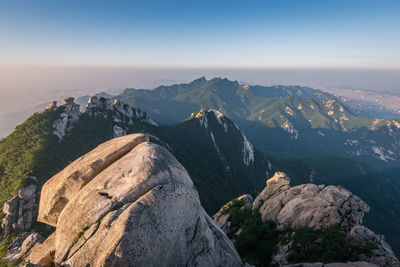 Panoramic view of mountains against clear sky