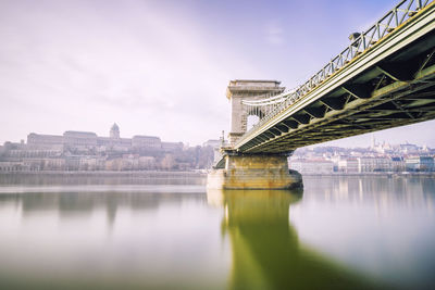 Bridge over river with city in background