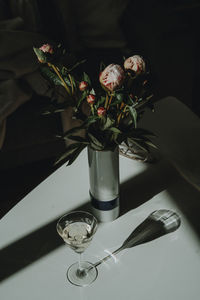 High angle view of flower vase on table