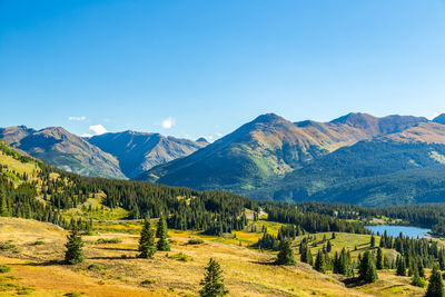 Scenic view of mountains against clear blue sky