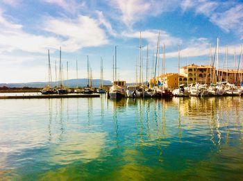 Sailboats moored at harbor