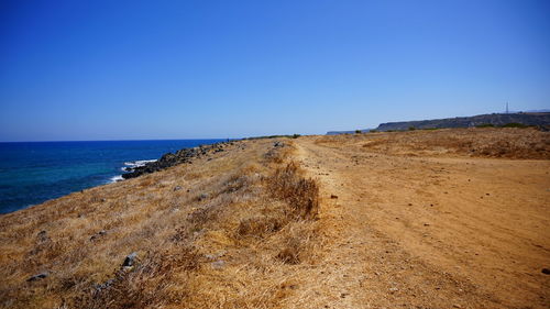 Scenic view of beach against clear blue sky