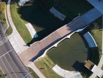 High angle view of road by lake