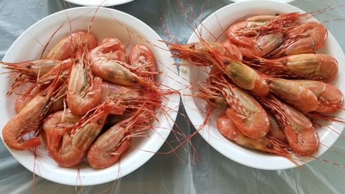 High angle view of prawns in plate on table