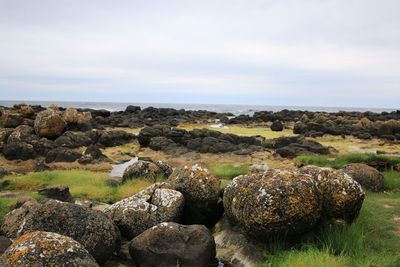 Rocks on field against sky