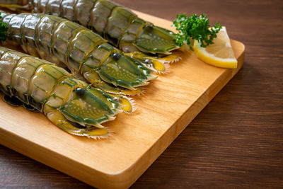 Close-up of seafood on cutting board