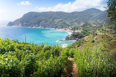 Scenic view of sea and mountains against sky