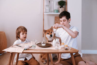 Two children and dog experimenting in the home laboratory and studying the chemical properties