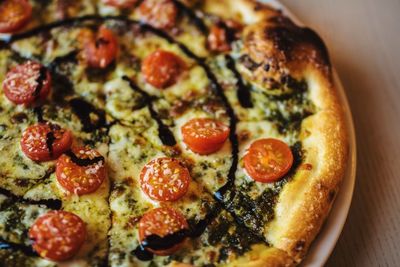 High angle view of pizza on table