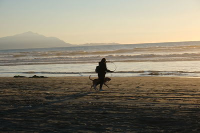 Silhouette girl and dog on beach against sky