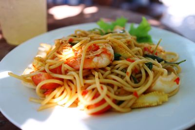 Close-up of noodles served in plate