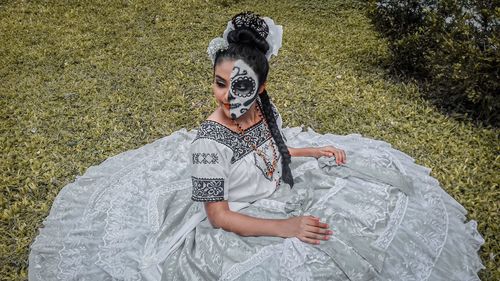 High angle view of woman on field