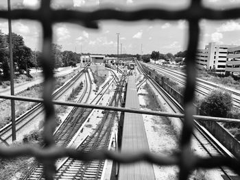 High angle view of railroad tracks against sky